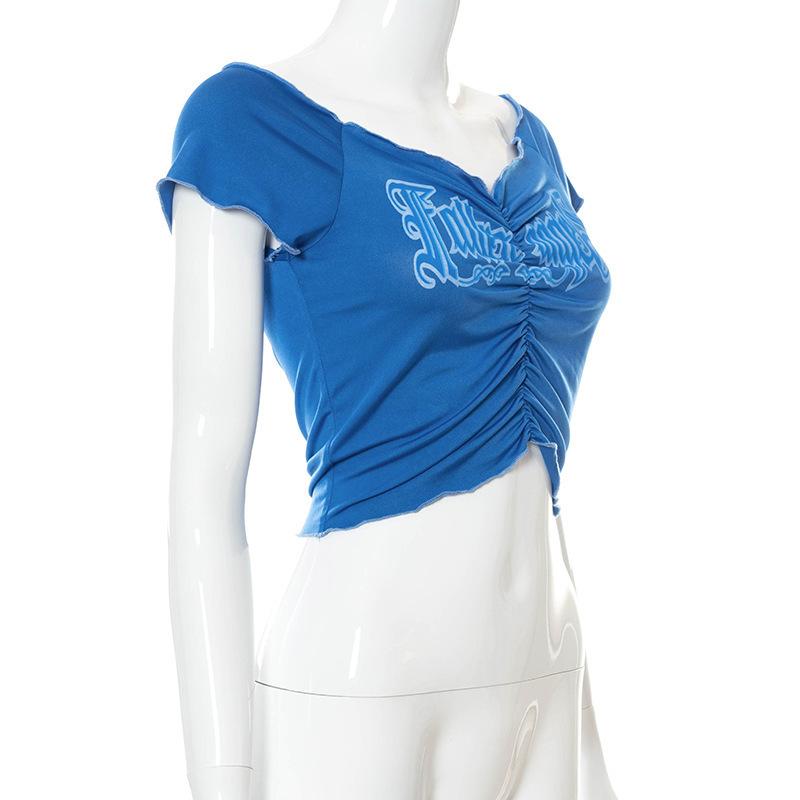 Europäisches und amerikanisches Sommer-Plissee-Print-Bauchfreies Freizeit-Damenoberteil