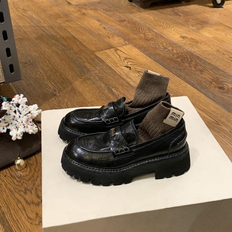 Sheepskin~ Thick-soled Leather British College Style Women's Gold Coins Thick Heel One Pedal Lazy Retro Small Leather Shoes