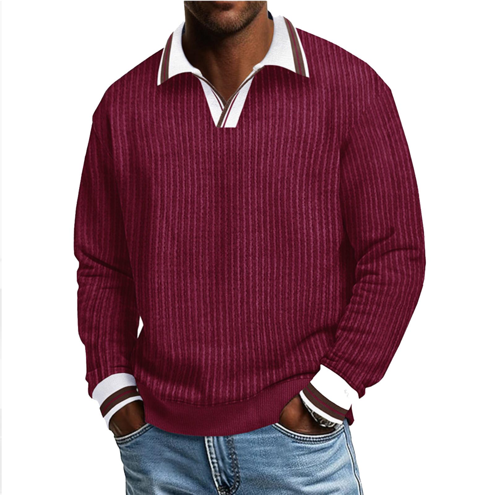 

Men s Long-sleeved Color-blocked Pullover, Men s Lapel Corduroy Long-sleeved Top XXL винний