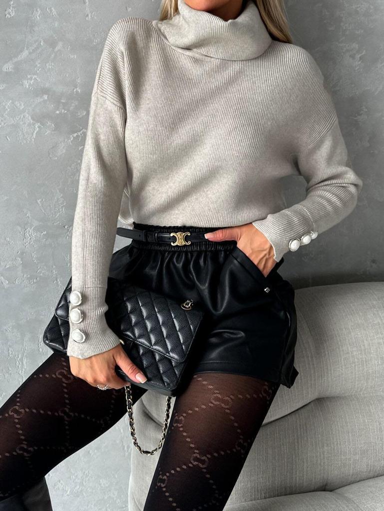 Autumn/Winter High Neck Striped Buttoned Cuff Solid Casual Knit Sweater