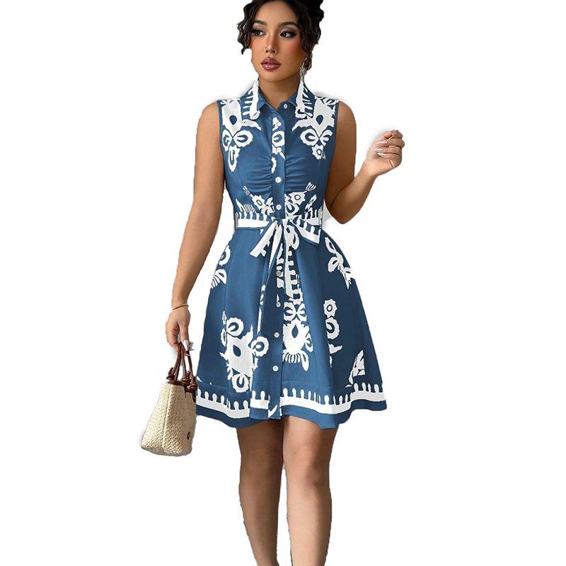 Cross-Border Western Style Summer New Lapel Single-Breasted Strap Waist Hugging Print Sleeveless Vest Dress Dress