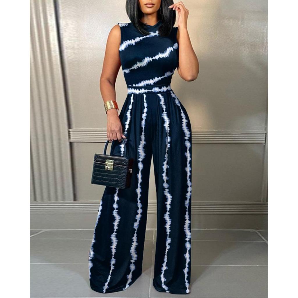 Women's High Neck Sleeveless Jumpsuit Slim Fit High Waist Casual Tie Dye Floral Print Wide Leg Romper
