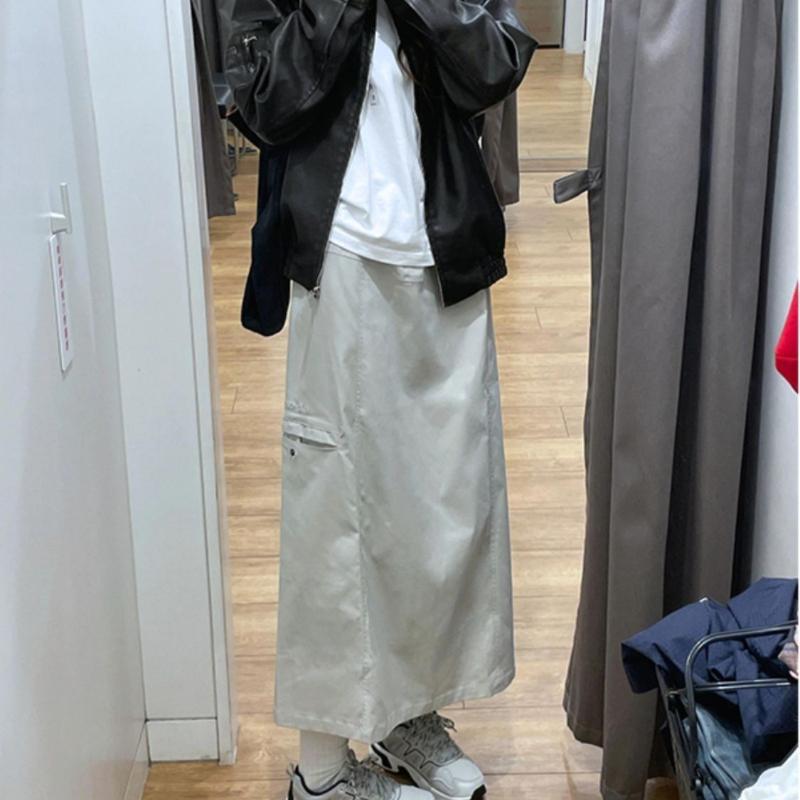 Women's American Vintage Utility Midi Skirt - High-Waist A-Line with Side Slit - Versatile Retro Workwear for Spring/Autumn