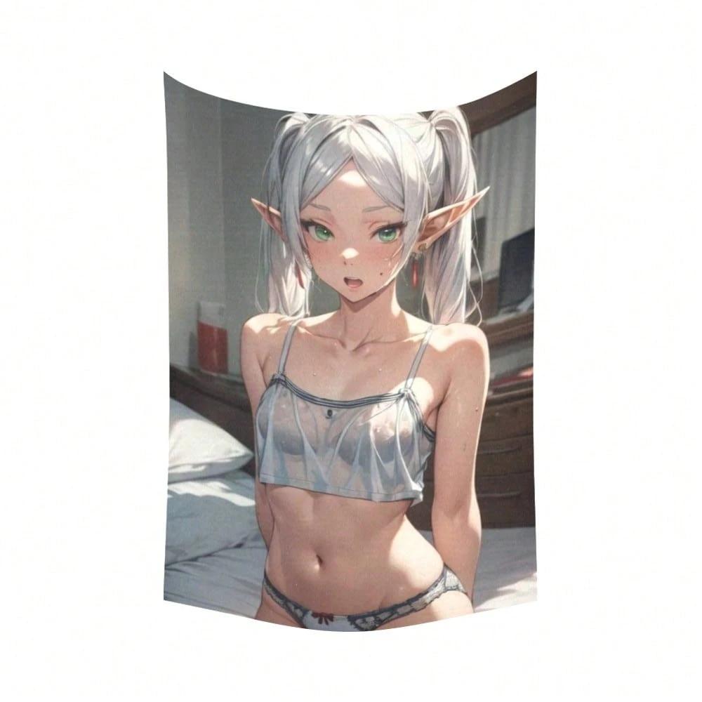 MultiSize Fantasy Anime Elf Girl Tapestry Wall Hanging Silver Hair Green Eyes HD Print Soft Polyester Wall Art for Bedroom Do