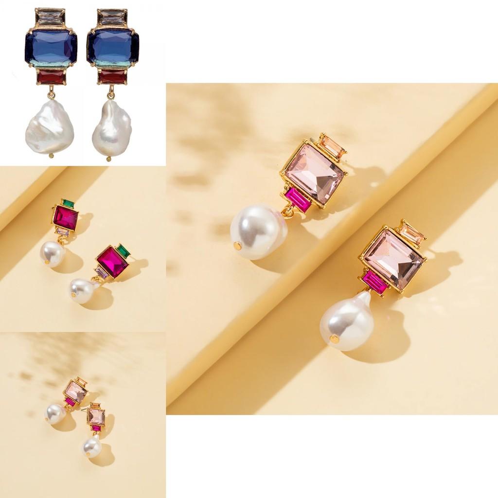 Chic European Style Square Rhinestone Stud Earrings With Designer Pearl Tassels