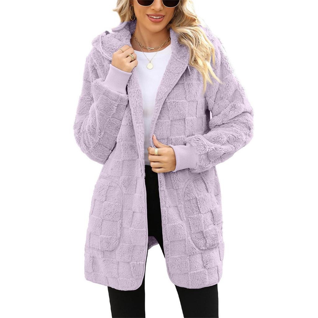 Women's Fashionable Solid Color Long Sleeved Plush Jacket, Casual Hooded Warm Cardigan Jacket With Pockets