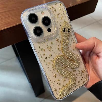 Drip Glue Clear 3D Diamond Golden Snake Bling Gold Foil Case For iPhone 16 15 14 Plus 13 12 11 Pro Max Glitter Rhinestone Cover