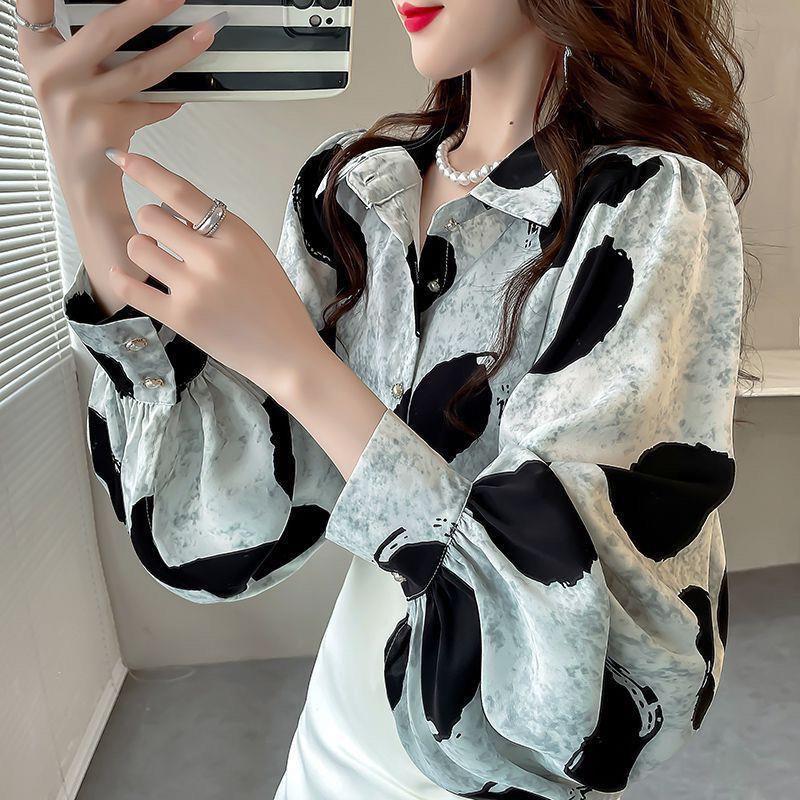 Women's Spring Loose Lantern Sleeve Top - Fashionable Niche Printed Outerwear Shirt