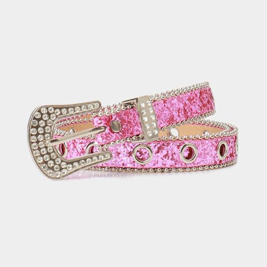 Women Belt Glitter Sequins Shiny Rhinestones Multi Holes Adjustable Length Waistband Imitation Leather Street Style Belt