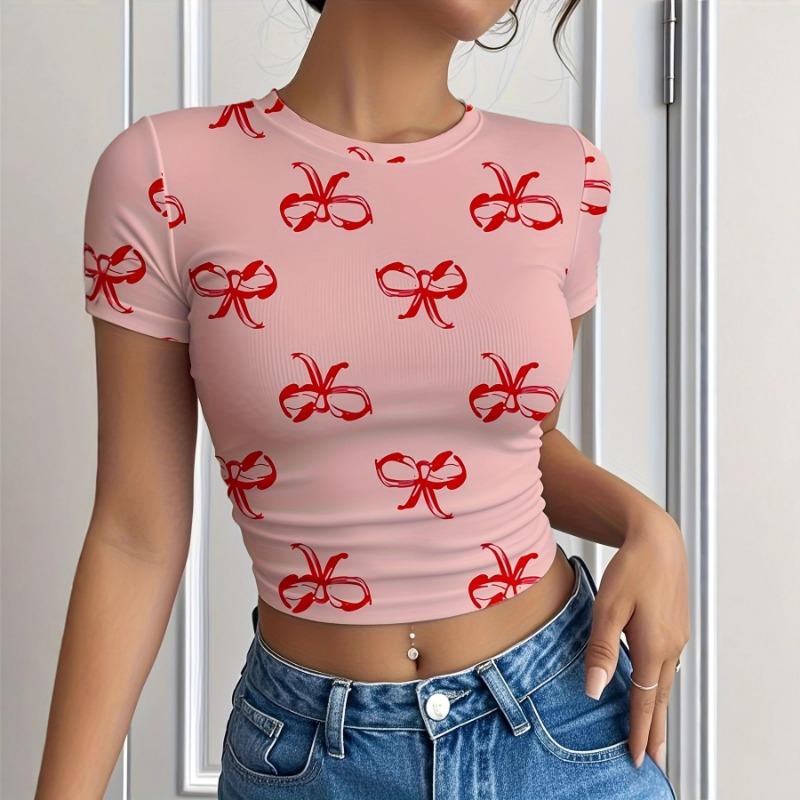 

Womens Pink Short Sleeve Crop Top With Red Bow Print Slim Fit Casual Crew Neck Tee Shirt S розовый