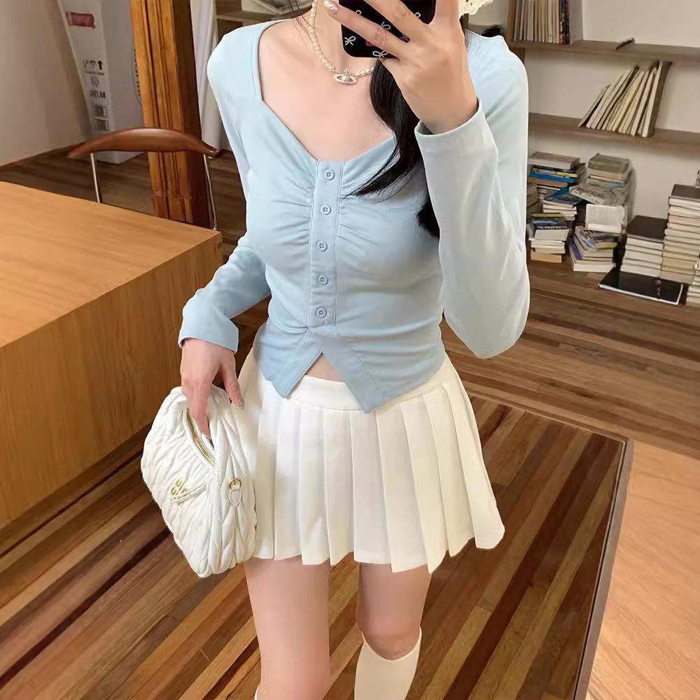 Stylish high-end sense irregular tight and thin short Spice girl big neckline long sleeve women's autumn versatile