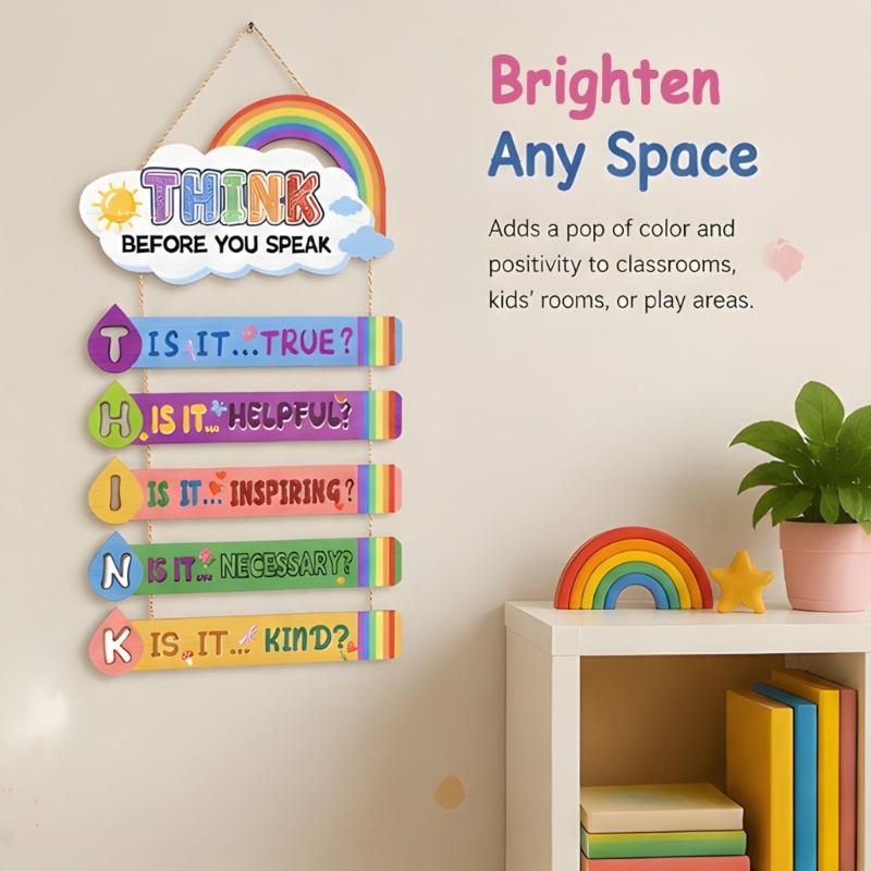 Spraakherinnering Houten Wandbord Klaslokaal met Wolkenprint, Denk Na Voordat Je Spreekt Hangbord voor Kinderkamer of Counselingkantoor