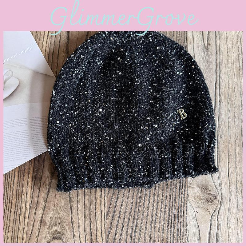 B Letter Cold Hat For Girls With Shiny Sequin Knit Material For Autumn And Winter Fashion