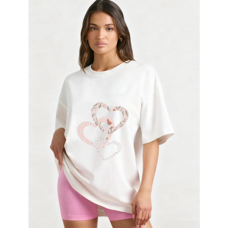 Oversized T Shirt Black Heart Pattern Graphic Print Casual Wear for Women Summer Fashion Street Style Top