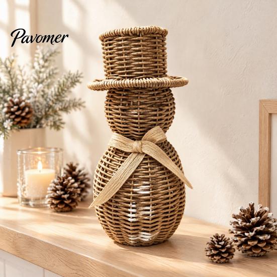 Indoor Christmas Shelf Decorations Faux Rattan Snowman Figurine, Rustic Farmhouse Statue with Bow, Reusable Holiday for Indoors Hand-Woven Wicker