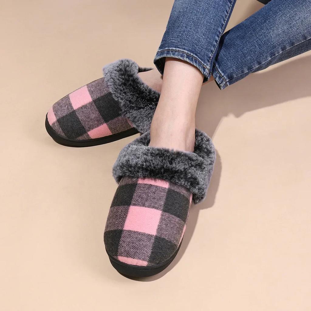 Women Cotton Slippers  New Plush Fluffy Slippers Indoor Home Floor Non-slip Warm Thick Soled Lattice Slippers Chanclas Mujer