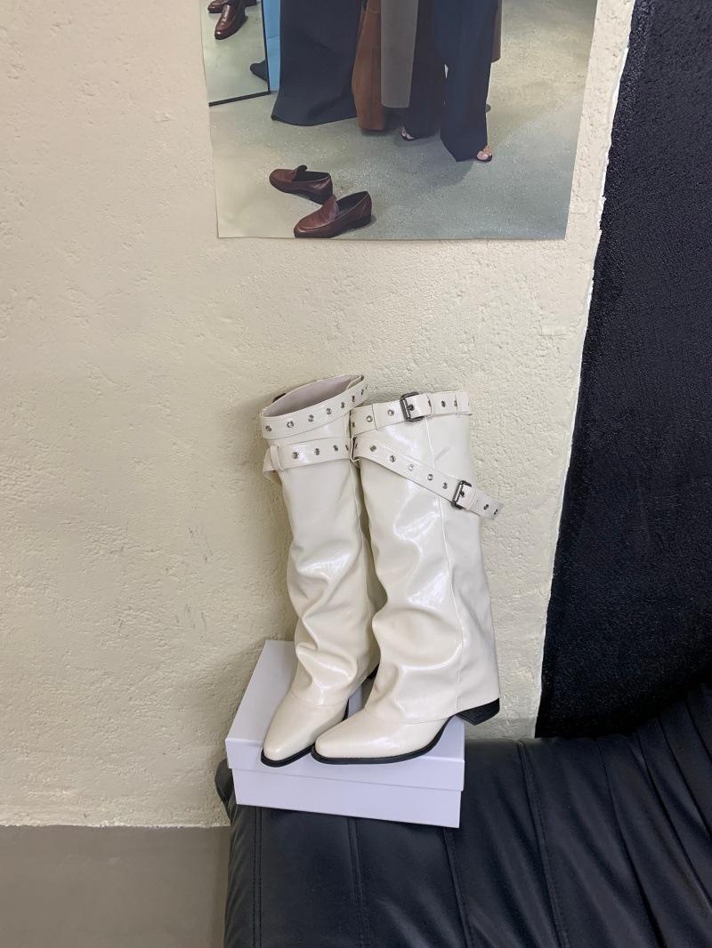 

Trendy fried street European and American sexy babes white high-heeled boots women s belt buckle rivet babes pointed trousers boots 39