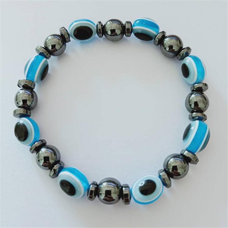 Magnetic Black Stone Elastic Bracelet with Blue Eye Beads - Popular European & American Jewelry