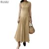 Women Casual Round Neck Solid Color Sleeveless Long Dress