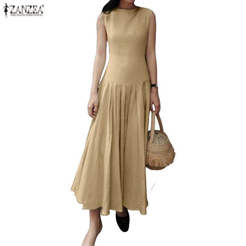 ZANZEA Women Casual Round Neck Solid Color Sleeveless Long Dress