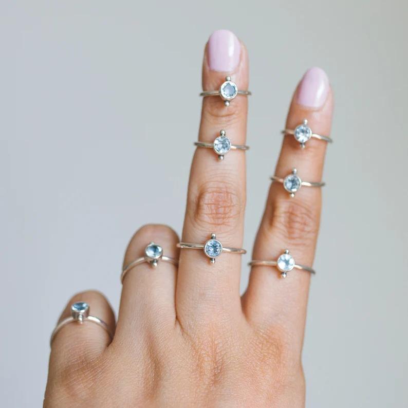 Blue Topaz Round Gemstone Ring, Bezel Ring, Stacking Ring, 92 Silver Ring, Gift For Christmas, Dailywear Ring, Promise Ring