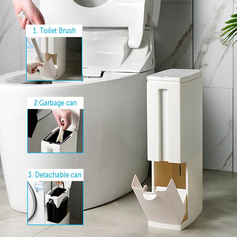 3 in 1 Plastic Narrow Plastic Trash Can Set with Toilet Brush Bathroom Waste Bin Dustbin Trash Cans Garbage Bucket Garbage Bag Dispenser