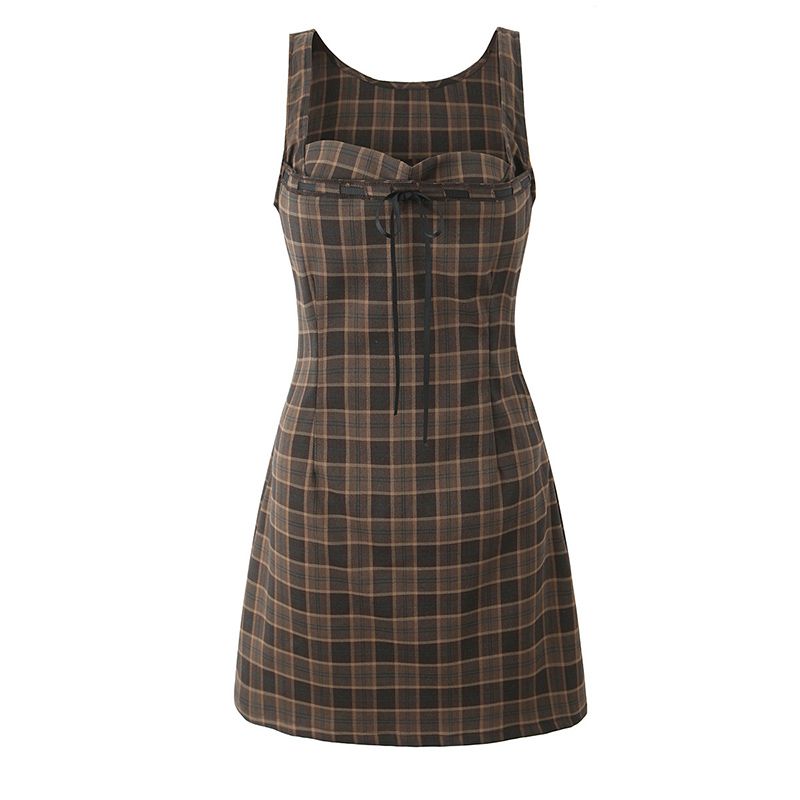 

Soft Mist Cocoa Miaou American Retro Preppy Style Plaid Bows A- line Hip-Wrapped Skirt Vest Dress Brown L