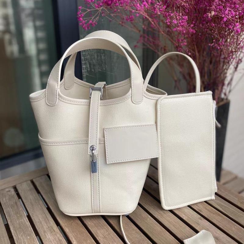Foreign trade new vegetable basket bag swift cowhide with canvas splicing bucket bag fashionable casual hand bag