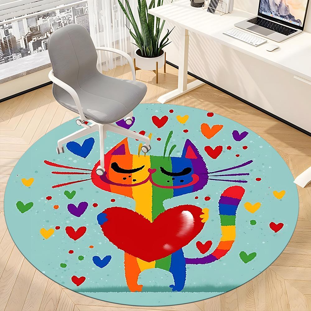 1pc Rainbow Cats Office Round Area Rug, Indoor Mat Suitable ForOffice, Under Office Chairs Bedroom Living Room Home Decor, Room Decot225