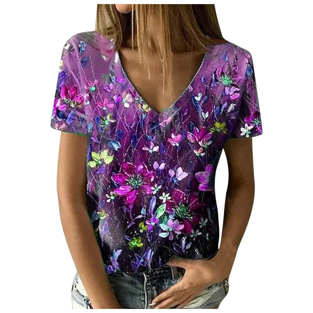 Summer V-neck 3D Floral Simple Graphic Printed Top Fashionable Casual Short Sleeved Women's T-shirts