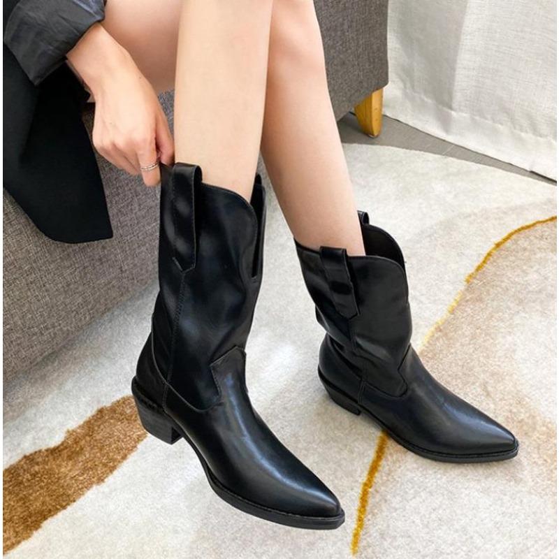 New Style Women's High Heels Mid Calf Pleated Boots for Women Winter Brown Leather Western Boot Woman Thick Heeled Cowgirl Boots