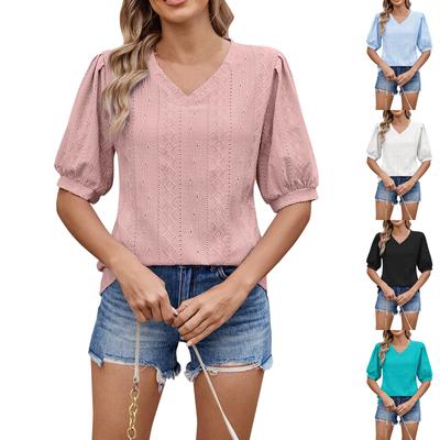 Women's Spring And Summer Tops Fashion Women's Loose Solid Color V-neck Short Sleeve T-shirt Tops
