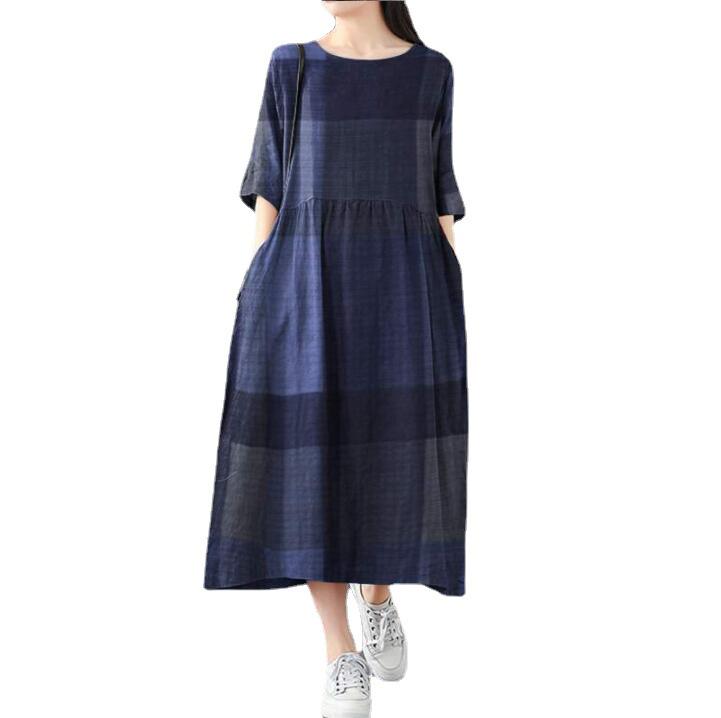 New Arrival: Cotton Plaid Mid-Length Loose Casual Dress
