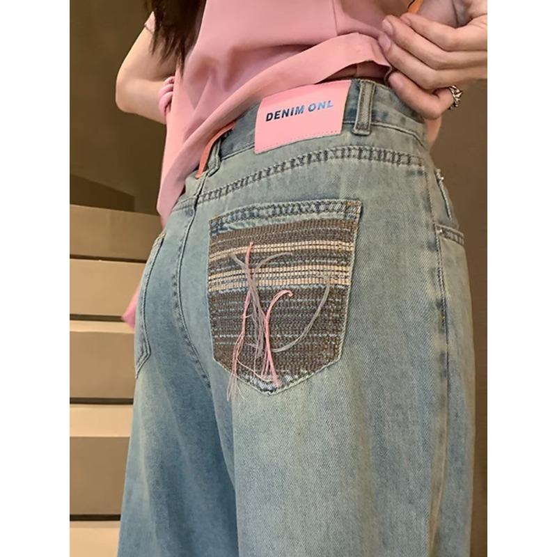 Høyt midjete jeans med brede ben Kvinner Sommer Løs Rette Plus Size etterfølgende lange bukser