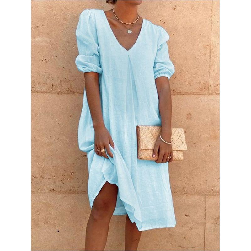 Solid Color V-neck Short Sleeve Dress Women Solid Color and V-neck Short Sleeve Dress