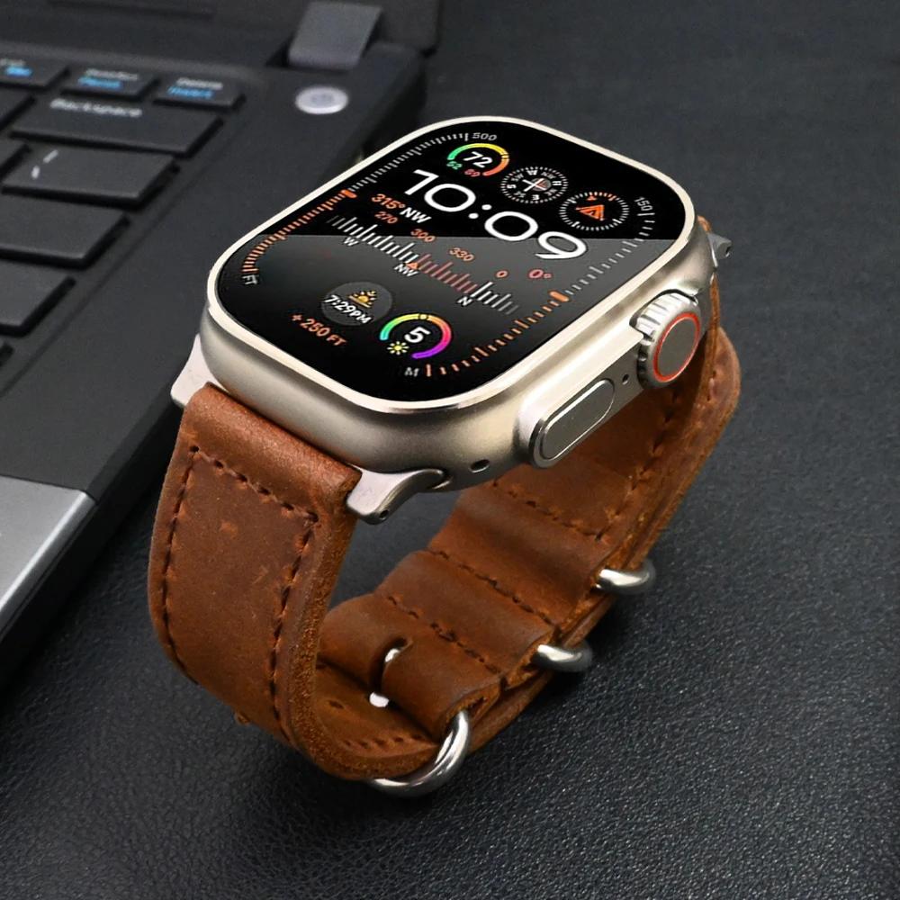 Genuine Leather Band for Apple Watch 49mm 46mm 45mm 44mm Watchband Correa for iWatch Ultra 2 series 10 9 8 7 6 5 4 Se Men Strap