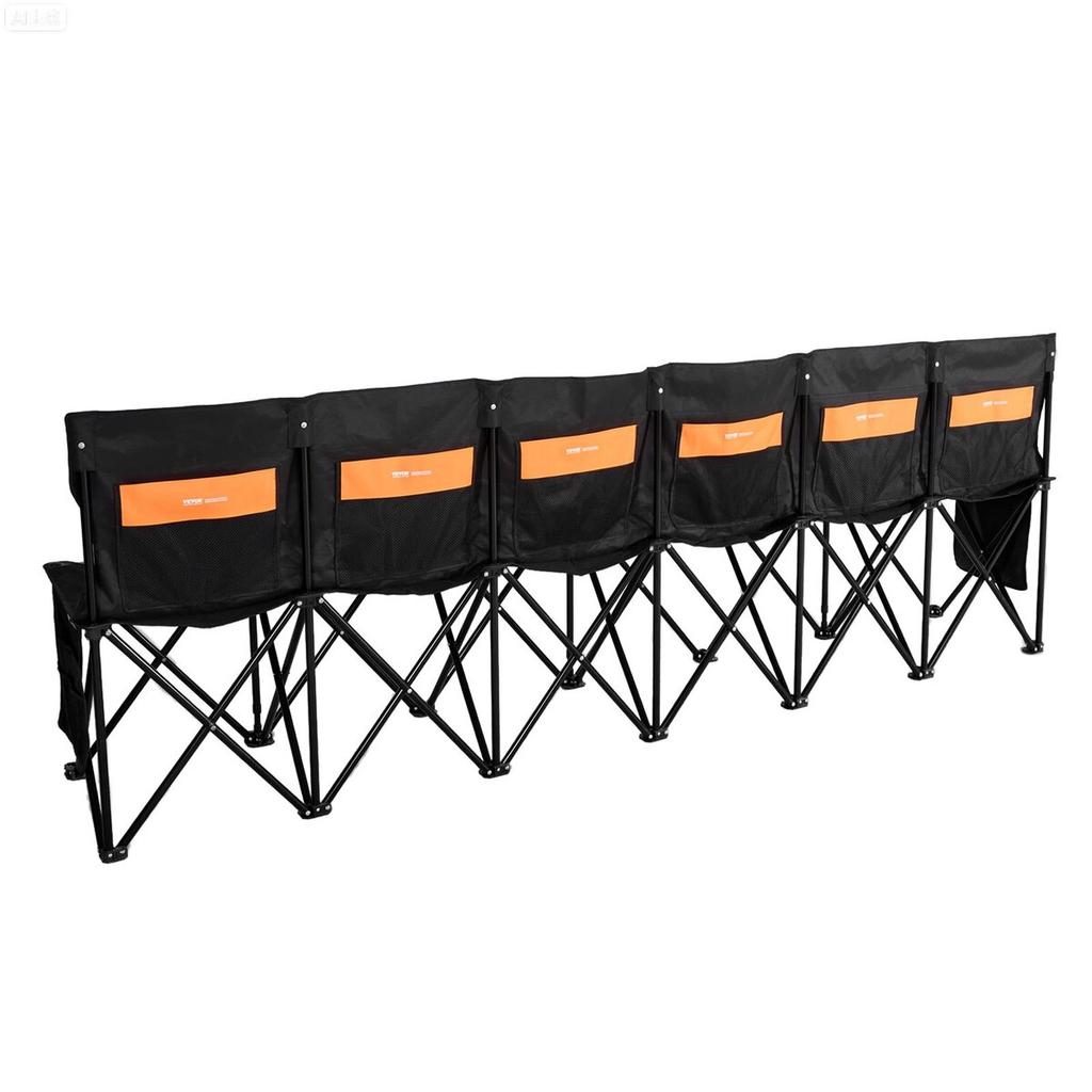 Portable Folding Bench, 6 Seat Soccer Bench with Multiple Storage Pockets & Carrying Bag, Lightweight Sideline Seating with Back Rest for Football,