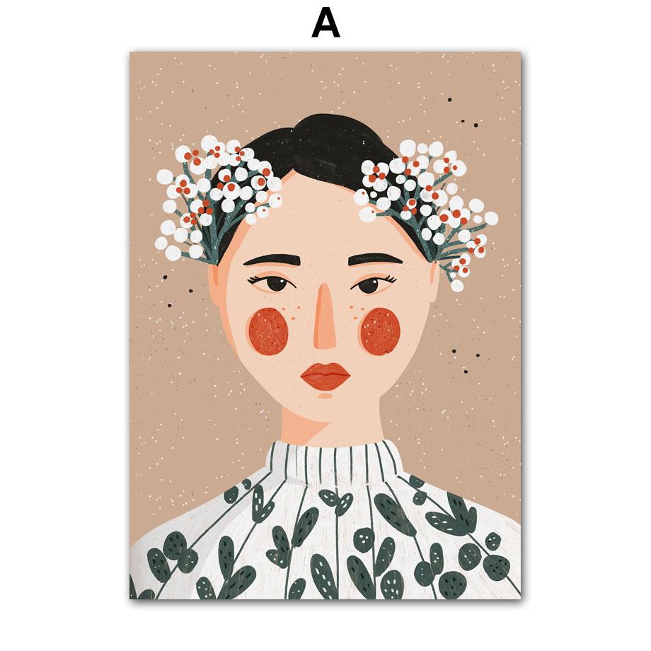 Boho Fashion Girl Flowers Leaves Illustration Wall Art Canvas Painting Nordic Poster And Prints Pictures For Living Room Decor