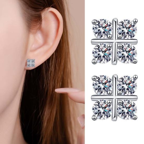1 Pair Stud Earrings Four-Leaf Clover Design Micro-Setting High Clarity Cubic Zirconia Sparkling Earrings