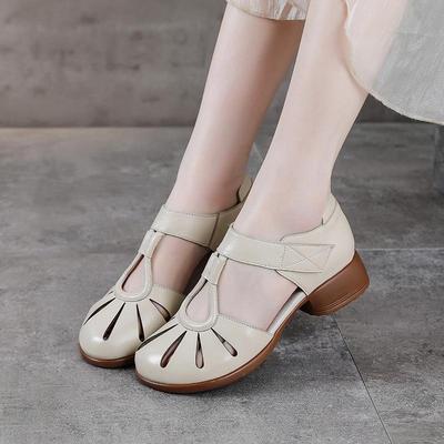 First Layer Cowhide Roman Sandals: Summer 2025 Thick Heel Closed-Toe Hollow Women's Low Heel Perforated Shoes