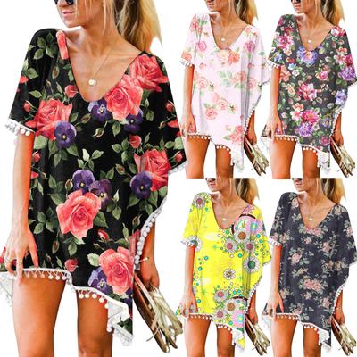 Women's Trim Kaftan Chiffon Tassels Swimwear Beach Loose Bikini Cover Up Tops