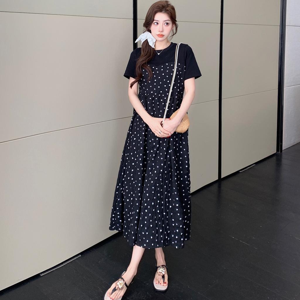Dimanaf 2025 Summer Plus Size Dress Women Casual Polka Dot Printing Vintage Dress Basic Loose Black O-Neck Long Dress