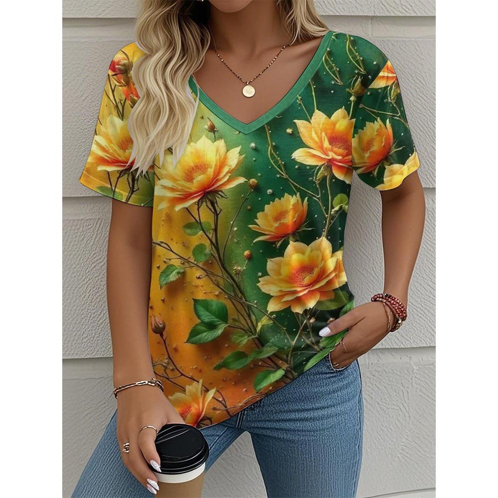 Blumen Damen V-Ausschnitt T-Shirt Sommer Outdoor Lässig Kurzarm Tops Mode 3D-Druck Trendig Übergröße Damenbekleidung