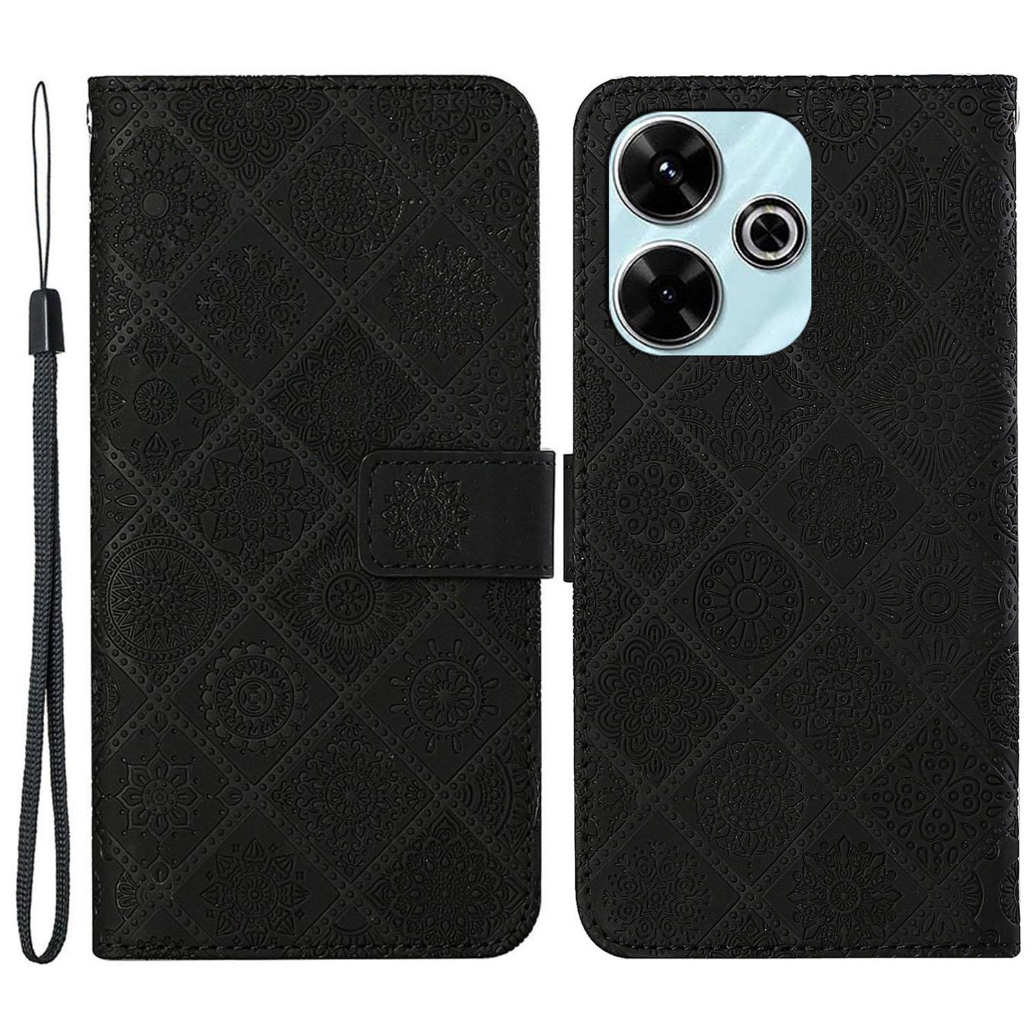 

Для Xiaomi Redmi 13 5G/13 4G Кожаный чехол Этнический стиль Чехол-кошелек для телефона с ремешком Black