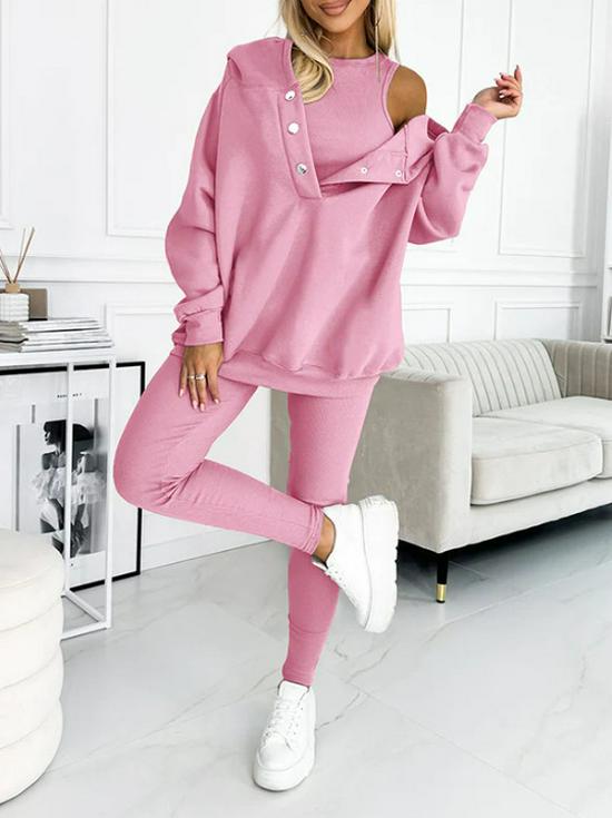 2024 Trendy Women's Sportswear: Hooded Sweatshirt, Ribbed Slim Vest, and Pants Set.