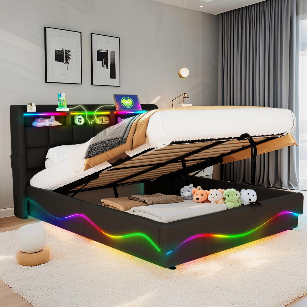 Leather Gas Lift Storage Bed with USB Type C Charging Music Sync LED Lights Queen Full Black White 300KG Capacity