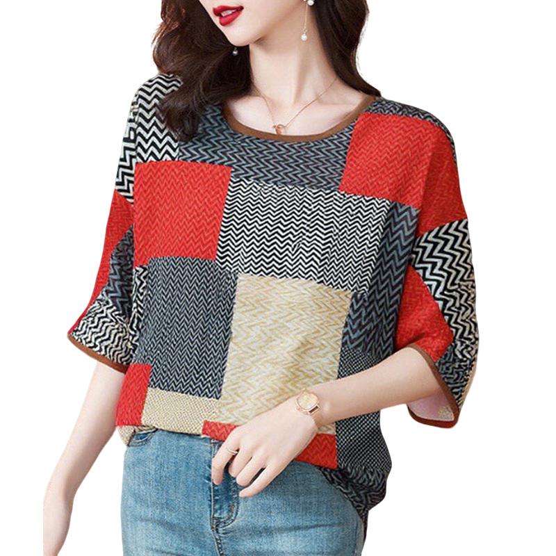 

ZANZEA Женская летняя блузка с круглым вырезом, рукавами 3/4, свободного кроя, с принтом 3XL