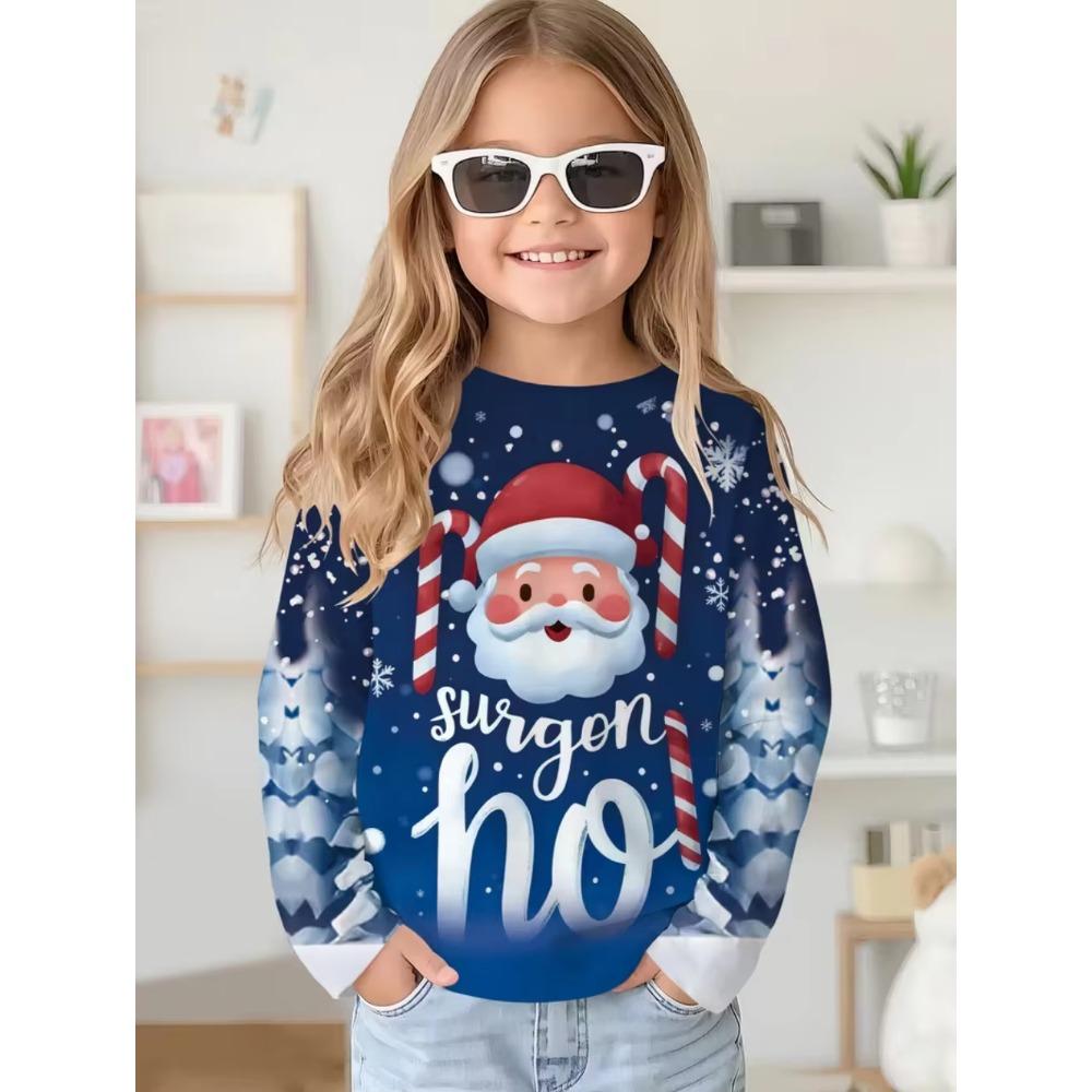 Christmas Santa Claus Print Girl Clothes Autumn Children Top Round Neck Long Sleeve Fashionable Comfortable Breathable Versatile Sports T-shirt