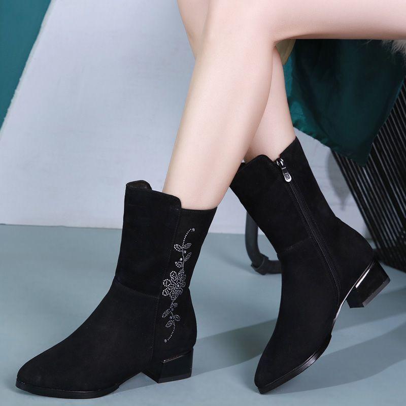 Fashion Middle Heel Fleece-Lined Half High Boots for Women Winter Rhinestone Mid Calf Shoes Woman 2025 Novelty Y2k Cosplay New Rock Boot