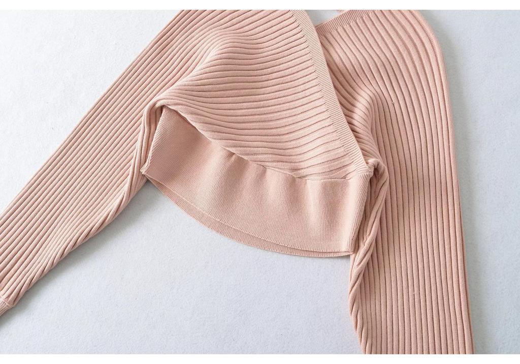 Women's One-Shoulder Long Sleeve V-Neck Waist-Cinching Knit Sweater - Slimming Ribbed Off-the-Shoulder Top